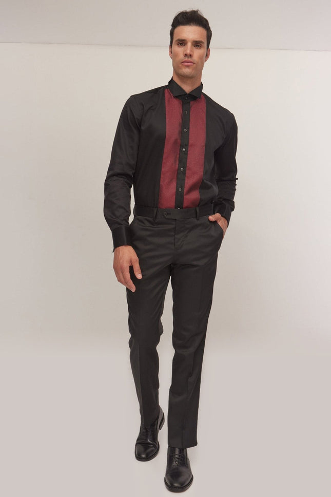 Pique Bib Tuxedo Shirt - Black Burgundy