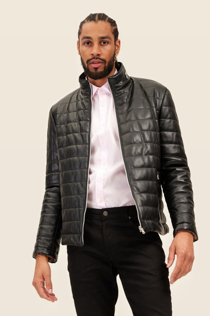 Lambskin Leather Puffer Jacket - Black