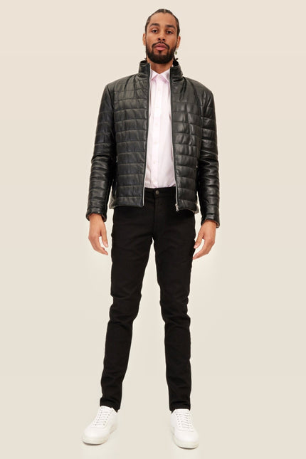 Lambskin Leather Puffer Jacket - Black
