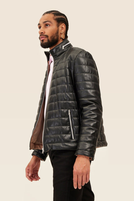 Lambskin Leather Puffer Jacket - Black