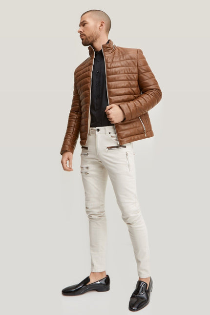 Lambskin Leather Puffer Jacket - Brown