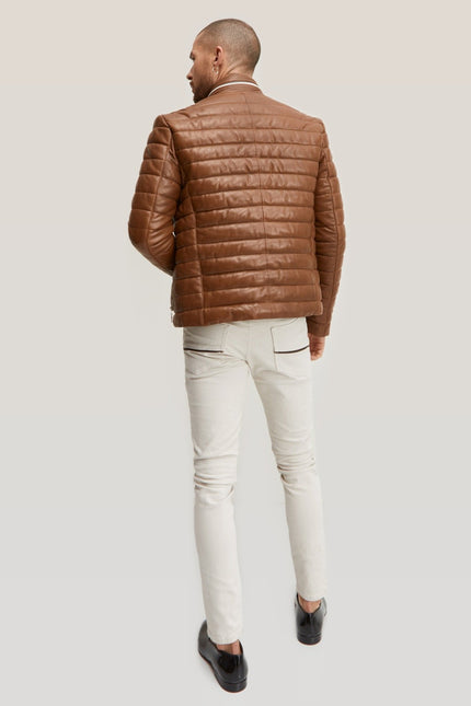 Lambskin Leather Puffer Jacket - Brown