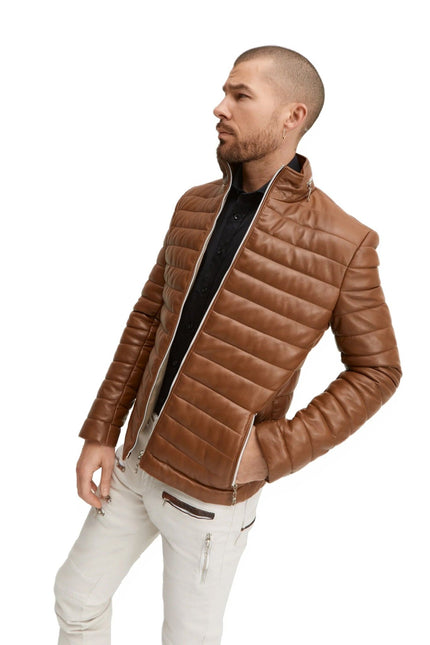 Lambskin Leather Puffer Jacket - Brown