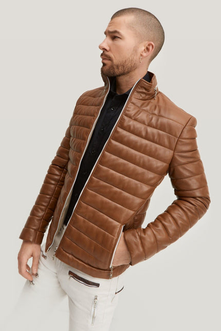 Lambskin Leather Puffer Jacket - Brown