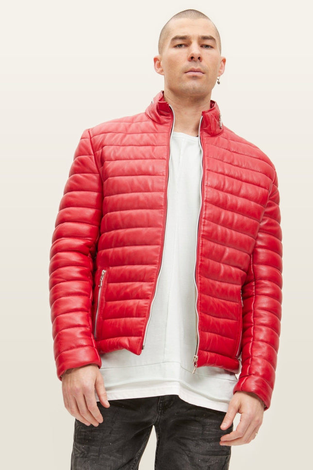 Lambskin Leather Puffer Jacket - Red