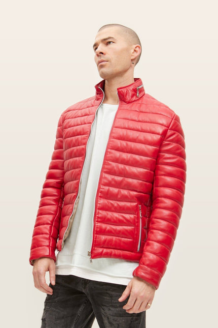 Lambskin Leather Puffer Jacket - Red