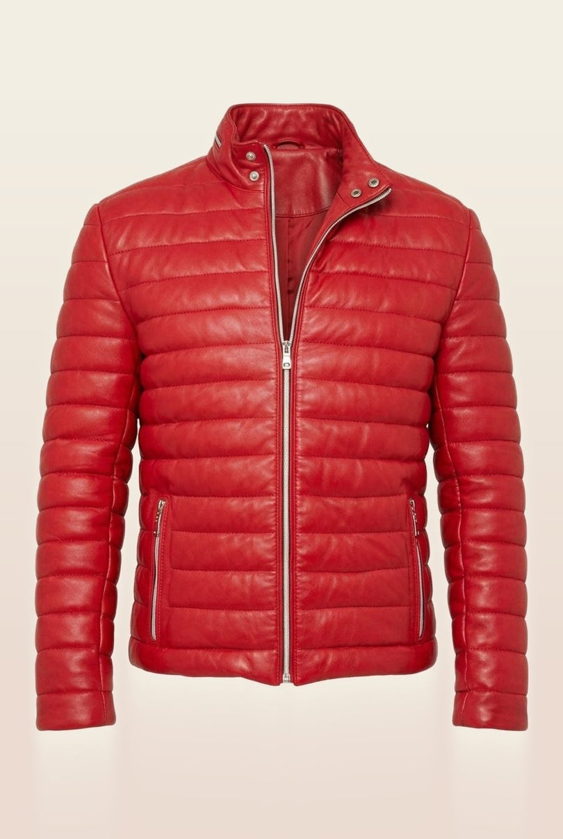 Lambskin Leather Puffer Jacket - Red
