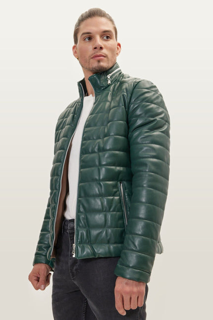Lambskin Leather Puffer Jacket - Green