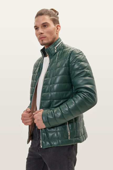 Lambskin Leather Puffer Jacket - Green