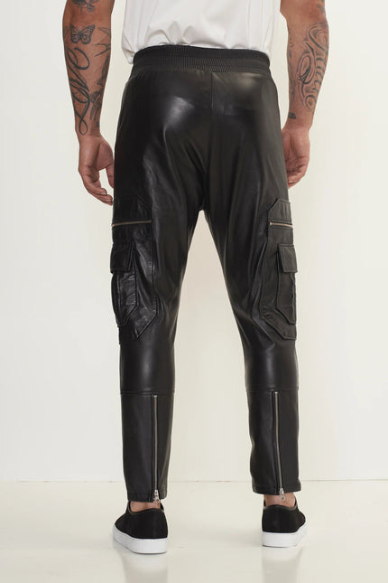Men's Lambskin Leather Joggers - Black | Ron Tomson