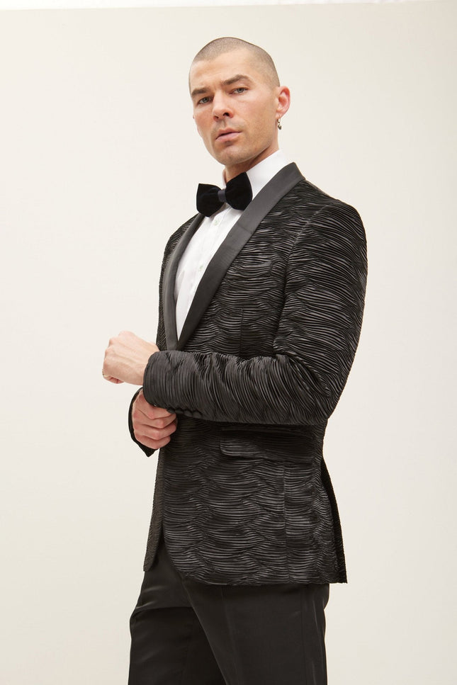 Allover Pleated Satin Tuxedo Jacket - Jet Black