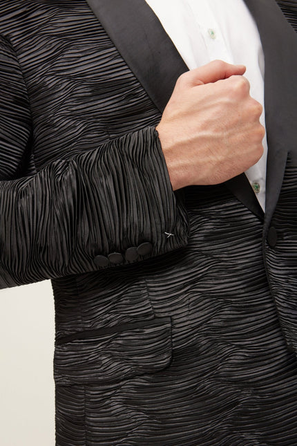 Men's Allover Pleated Satin Tuxedo Jacket - Jet Black | Ron Tomson