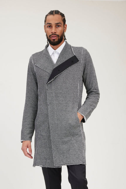 Men's Long Shawl Collar Cardigan - Black White | Ron Tomson
