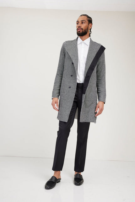 Men's Long Shawl Collar Cardigan - Black White | Ron Tomson