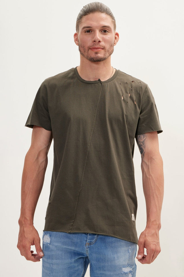 Men's Asymmetric Stitched Distorted T-Shirt - Khaki | Ron Tomson