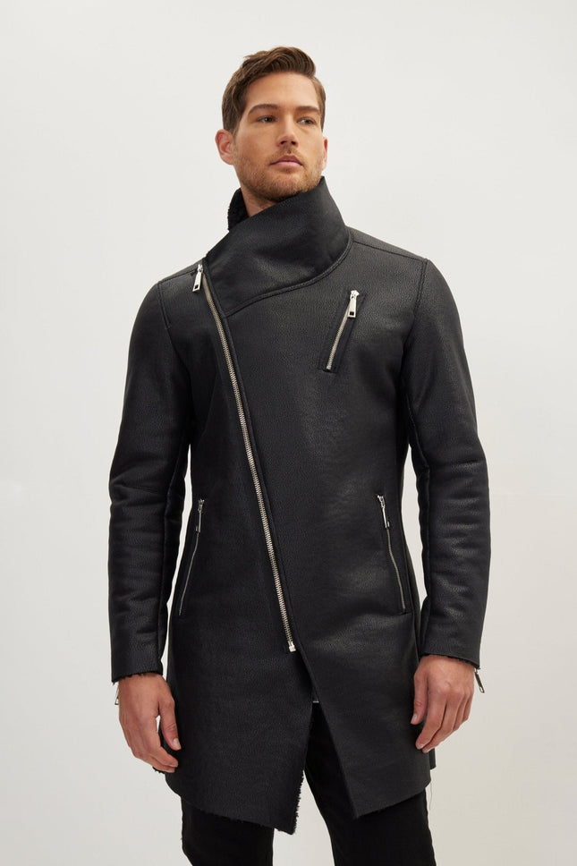 Men's Asymmetrical Closure Coat - Black | Ron Tomson