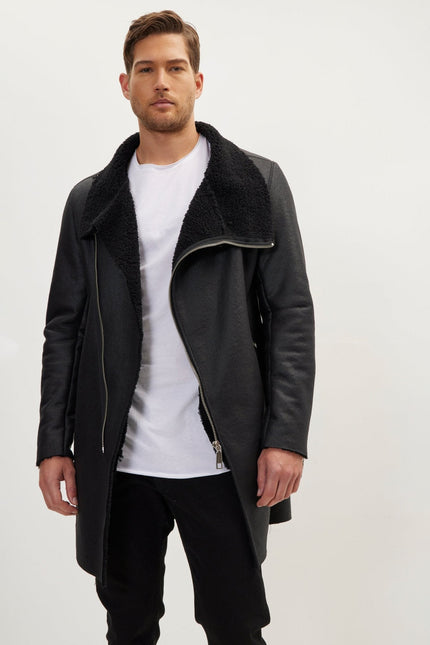Men's Asymmetrical Closure Coat - Black | Ron Tomson