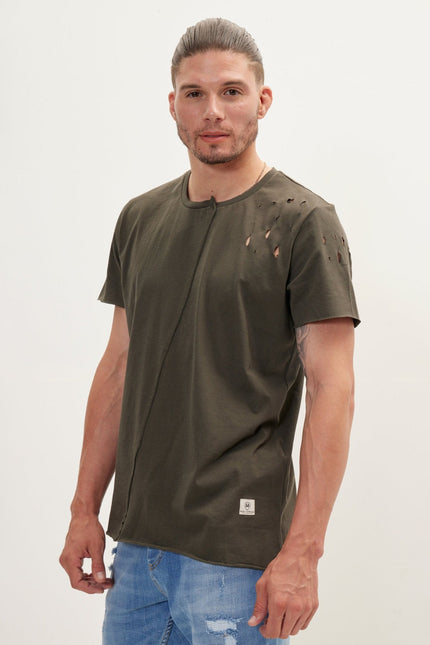 Men's Asymmetric Stitched Distorted T-Shirt - Khaki | Ron Tomson
