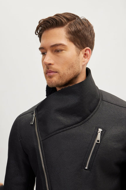 Men's Asymmetrical Closure Coat - Black | Ron Tomson