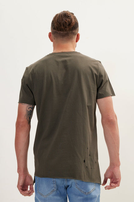 Men's Asymmetric Stitched Distorted T-Shirt - Khaki | Ron Tomson