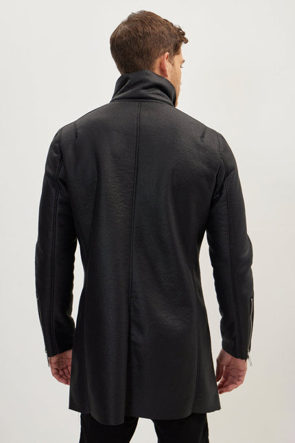 Men's Asymmetrical Closure Coat - Black | Ron Tomson