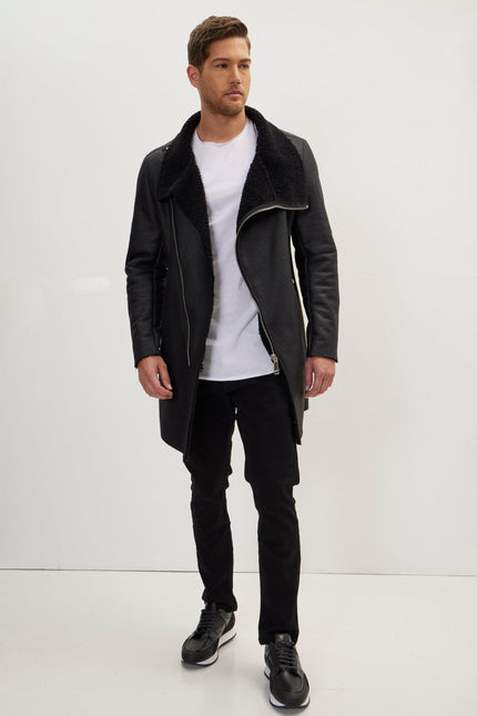 Men's Asymmetrical Closure Coat - Black | Ron Tomson
