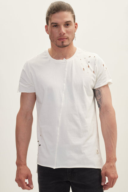 Men's Asymmetric Distorted Crew T-Shirt - Off-White | Ron Tomson