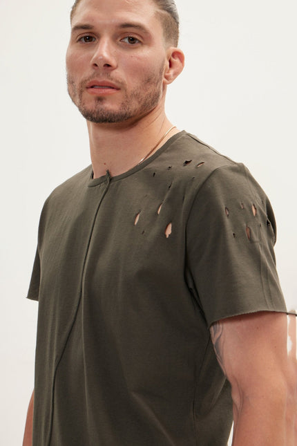 Men's Asymmetric Stitched Distorted T-Shirt - Khaki | Ron Tomson