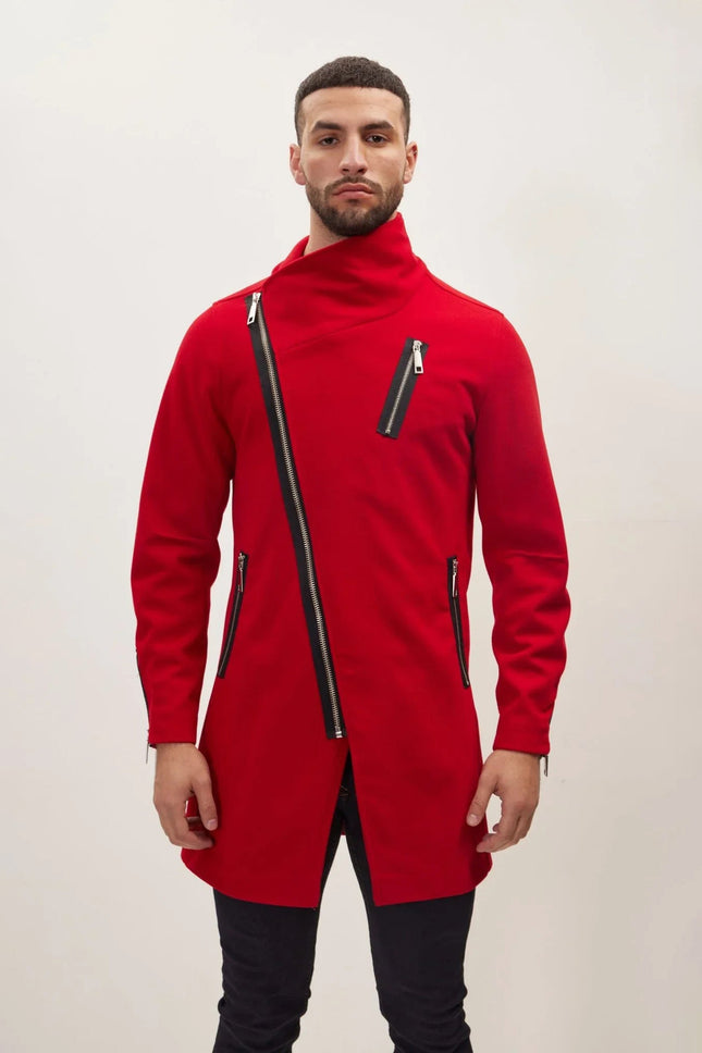Men's Asymmetrical Zip Overcoat - Red | Ron Tomson