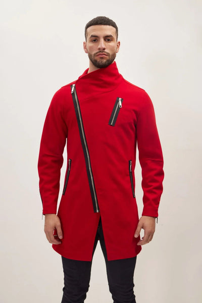 Men's Asymmetrical Zipper Closure Overcoat - Red | Ron Tomson