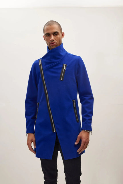 Men's Asymmetrical Zip Overcoat - Sax | Ron Tomson