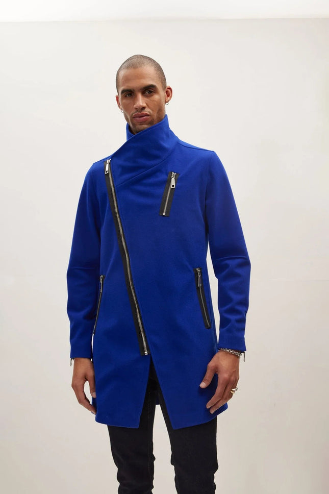 Men's Asymmetrical Zip Overcoat - Sax | Ron Tomson