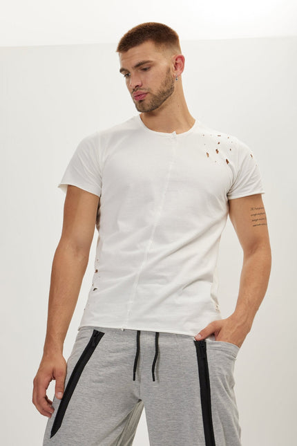 Men's Asymmetric Distorted Crew T-Shirt - Off-White | Ron Tomson