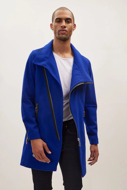 Men's Asymmetrical Zip Overcoat - Sax | Ron Tomson