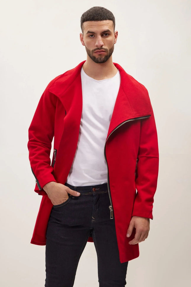 Men's Asymmetrical Zip Overcoat - Red | Ron Tomson