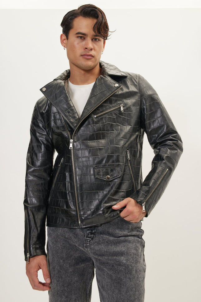 Men's Asymmetric Leather Motorcycle Jacket - Black | Ron Tomson