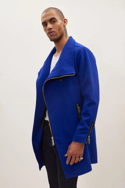 Men's Asymmetrical Zip Overcoat - Sax | Ron Tomson
