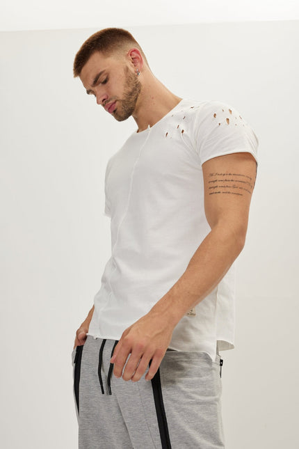 Men's Asymmetric Distorted Crew T-Shirt - Off-White | Ron Tomson