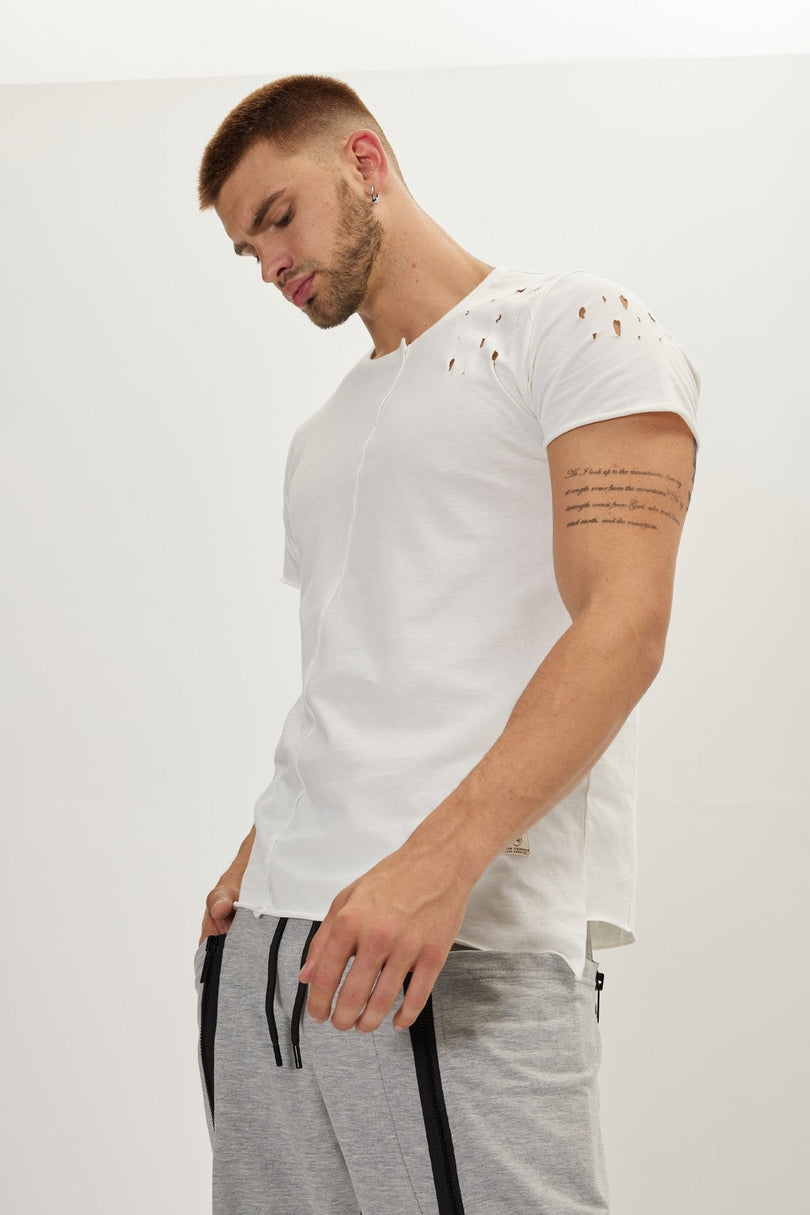 Men's Asymmetric Distorted Crew T-Shirt - Off-White | Ron Tomson