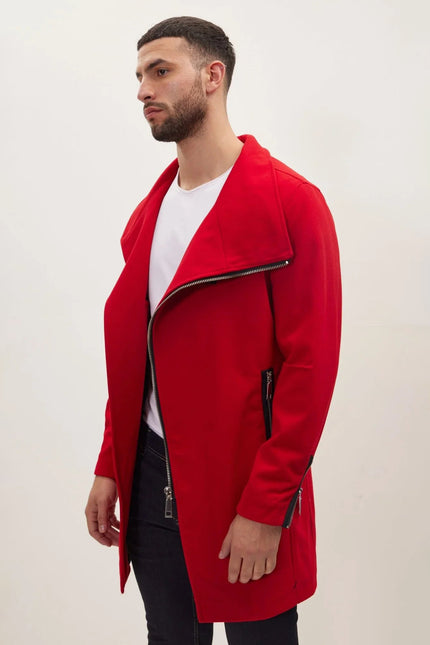 Men's Asymmetrical Zip Overcoat - Red | Ron Tomson