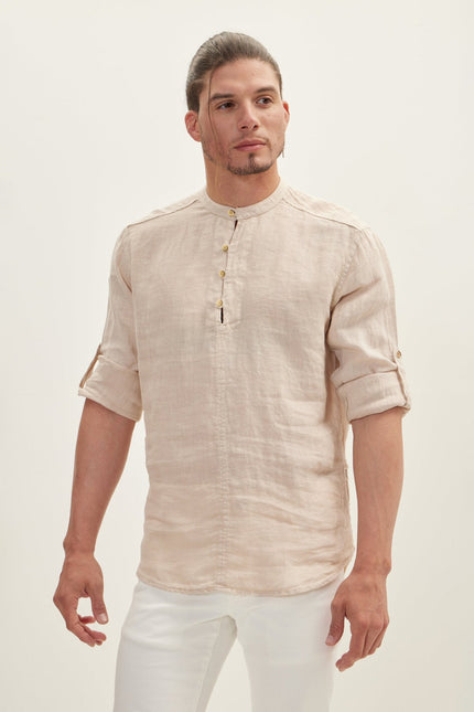 Men's Mandarin Collar Linen Shirt - Beige | Ron Tomson