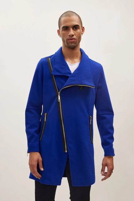 Men's Asymmetrical Zip Overcoat - Sax | Ron Tomson