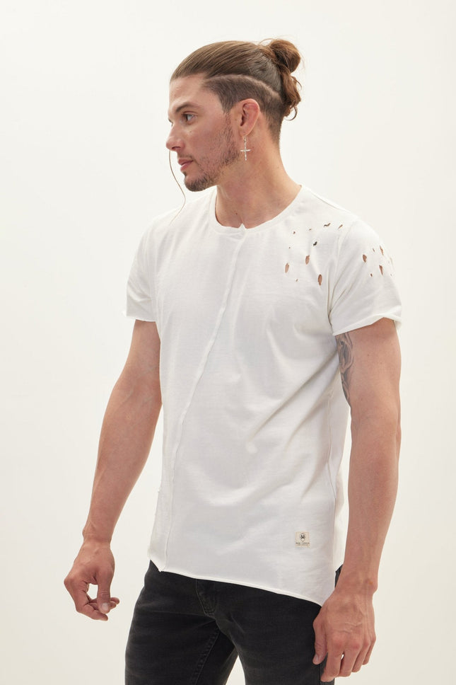 Men's Asymmetric Distorted Crew T-Shirt - Off-White | Ron Tomson