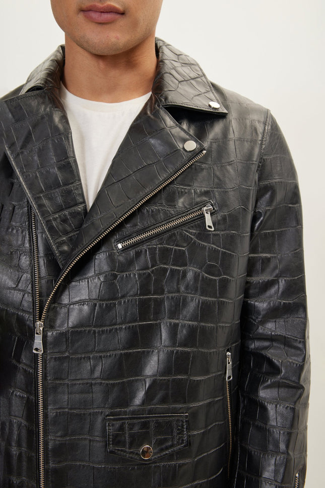 Men's Asymmetric Leather Motorcycle Jacket - Black | Ron Tomson