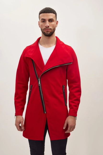 Men's Asymmetrical Zip Overcoat - Red | Ron Tomson