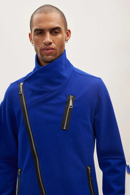 Men's Asymmetrical Zip Overcoat - Sax | Ron Tomson