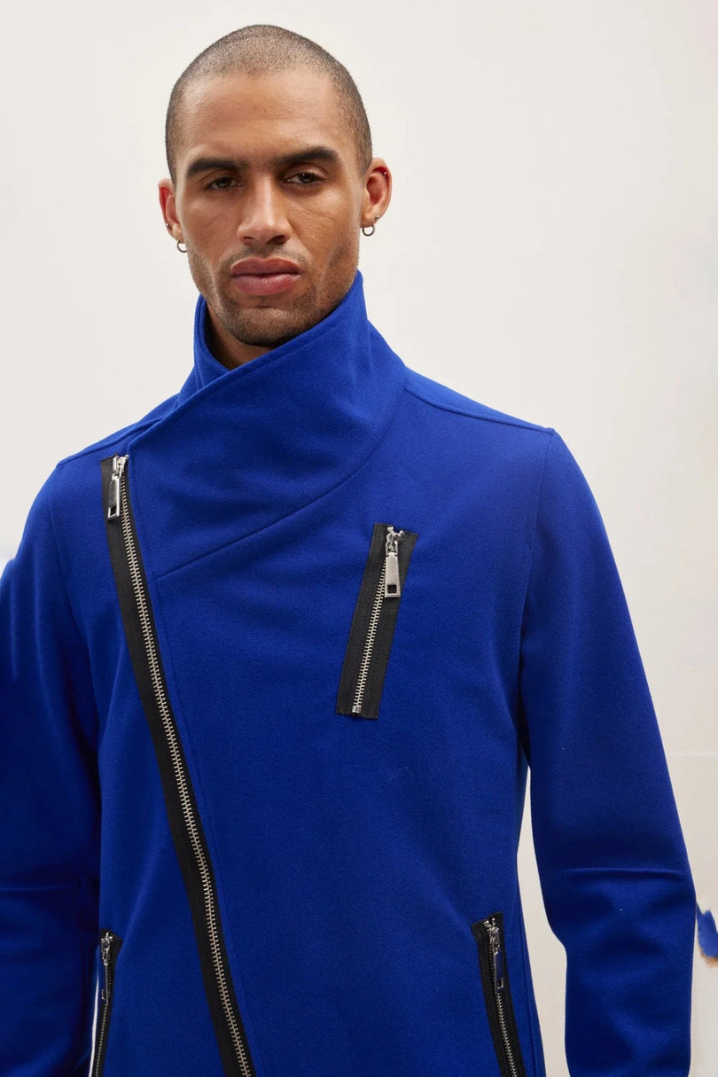 Men's Asymmetrical Zip Overcoat - Sax | Ron Tomson
