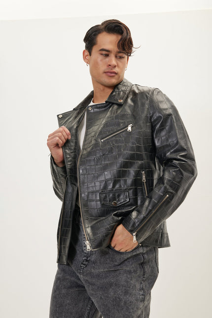 Men's Asymmetric Leather Motorcycle Jacket - Black | Ron Tomson