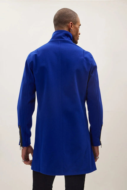 Men's Asymmetrical Zip Overcoat - Sax | Ron Tomson