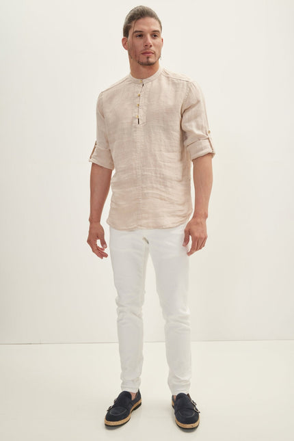 Men's Mandarin Collar Linen Shirt - Beige | Ron Tomson